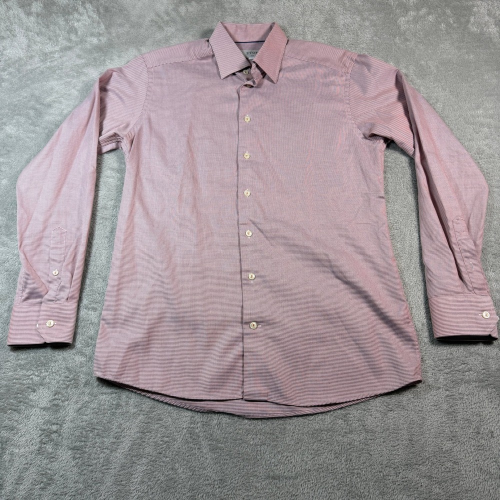 Eton Dress‎ Shirt Mens Large Pink Check Slim Fit Long Sleeve Cotton